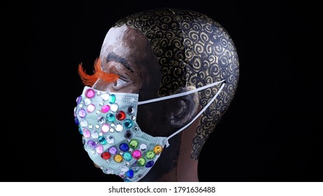 Painted African American woman face mannequin wearing medical fashionably luxury gemstone face mask for protection from viruses and dust. Urban mask concept prevention from germs. - Powered by Shutterstock