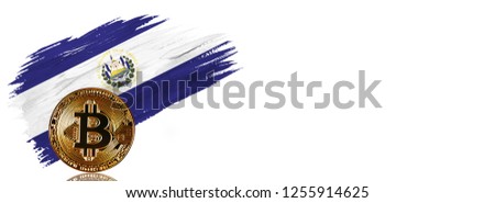 Painted brush stroke in the flag of El Salvador. Bitcoin cryptocurrency banner with isolated on white background with place for your text