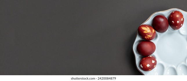 Painted chicken eggs for the celebration of Eastertide, banner, selective focus. Easter traditional symbol