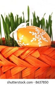 Painted colorful easter egg and grass in basket