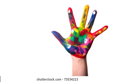 a painted colorful hand against a white background and text space - Powered by Shutterstock