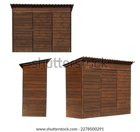 Painted in dark brown color narrow wooden shed with a slate roof front, side, angle views set isolated on white