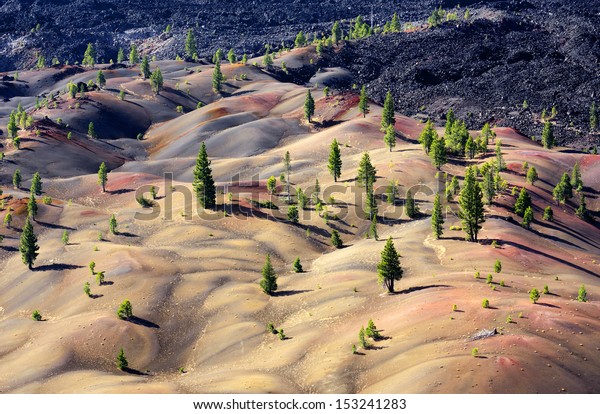 The Painted Dunes as seen from\
the top of the Cinder Cone in Lassen Volcanic National\
Park.
