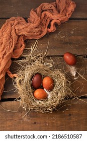 Painted Easter chicken eggs in a nest. Holiday Easter concept background. Copy space
