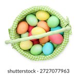Painted Easter eggs in basket isolated on white, top view