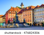 Painted facades and the Clock Tower in the old town of Graz, Austria are on UNESCO World Cultural Heritage list