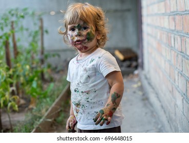 Painted Face Of Child. Little Funny Dirty Boy