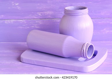 Painted Glass Jars And Cutting Board. Handmade Home Decor Ideas. Handmade Kitchen Design Ideas. Crafty Way To Use Milk Bottles - Creative Diy. Lilac Background 