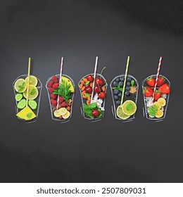 Painted glasses with fresh food ingredients for smoothies, drinks on black chalkboard. Square crop. Assortment of colorful juices, beverages. Top view. Healthy food, vegan, detox concept. - Powered by Shutterstock