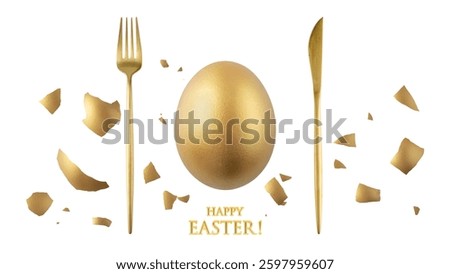 Painted in gold single natural easter chicken egg with broken shell, fork and knife flying isolated on white background. One golden festive egg closeup. Happy Easter spring decoration.