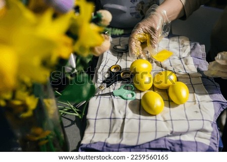 Painted with golden paint, Easter eggs dry on a napkin. painting Easter eggs. Part of the series