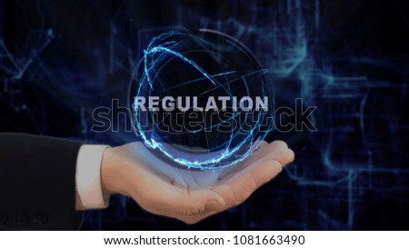 Painted hand shows concept hologram Regulation on his hand. Drawn man in business suit with future technology screen and modern cosmic background