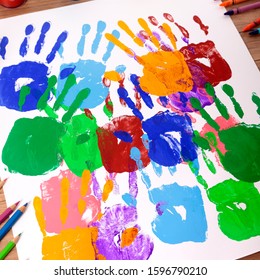 Painted Handprints Art Craft Equipment On Stock Photo 1596790210 ...