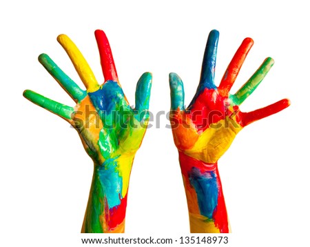 Painted hands, colorful fun. Creative, funny and artistic means happy! Isolated on white.