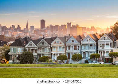 The Painted Ladies of San Francisco Alamo Square Victorian houses at California USA
