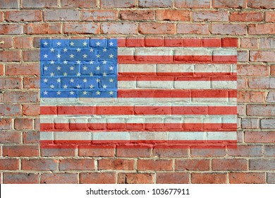 Painted on bricks american flag illustration, with an old retro look. bordered by red brick wall, giving a framed appearance. / Painted American Flag on Brick Wall / Great patriotic background.