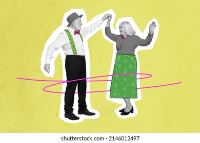 Painted photo image senior funny couple dancing pensioner meeting discotheque silhouettes highlighted white shape over yellow pin up background