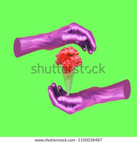 Painted in pink hands hold ice cream with flower. Contemporary art collage. Concept of memphis style posters. Abstract minimalism