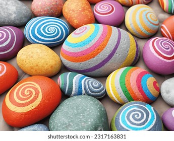 Painted round natural stones with decorated lines and patterns