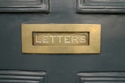 Painted Solid Dark Green Entrance Door Metal Brass Gold Letter Slot Ornament Inscription Letters As A Concept For Postage Mailings And Old Doors
