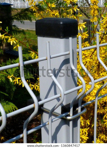 painted steel fence post detail with painted\
wire mesh grille fence panel & green grass background in\
close-up view with stainless steel clamp & plastic spacer\
& post cap. property protection\
concept.