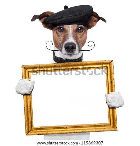 painter artist frame holding dog