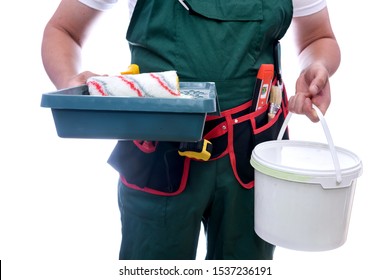 Painter With Bucket Showing His Visit Card Isolated On White