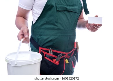 Painter With Bucket Showing His Visit Card Isolated On White