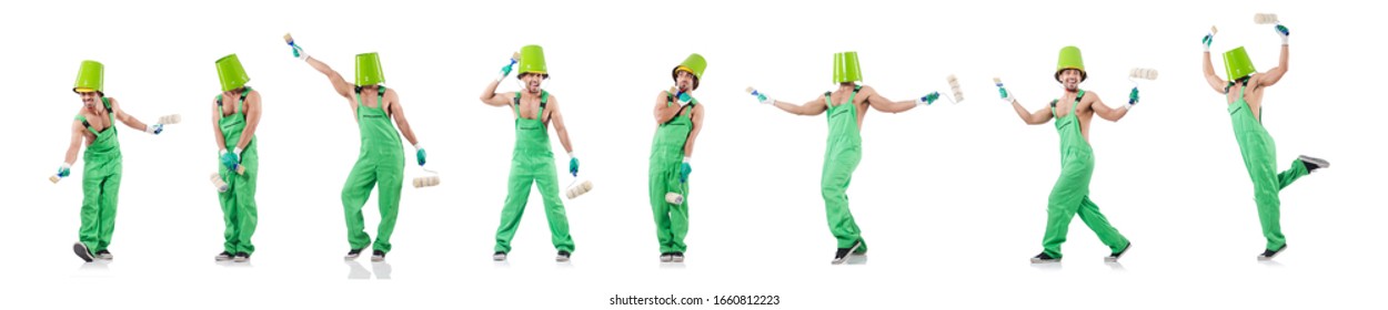 Painter In Green Coveralls On White