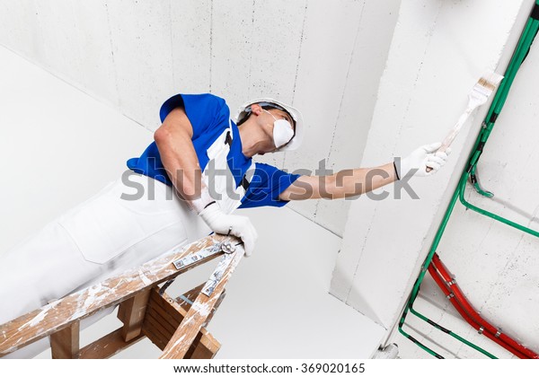 Painter Helmet Gloves Mask Painting Ceiling Stock Photo Edit Now