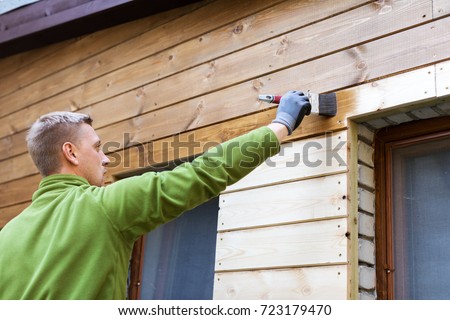 painter with paintbrush painting house wood facade