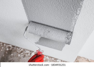 The painter paints the outer wall of the building with a gray paint roller - facade work - painting the plaster - Shutterstock ID 1834931251