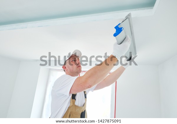 Painter Putty Knife Plasterer Smoothing Ceiling Stock Photo Edit