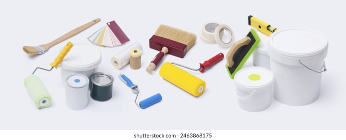 Painter tools, paint buckets and varnish tins: professional painting equipment - Powered by Shutterstock