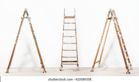 Painter Wooden Ladder,isolated On White, Wall Painting Concept