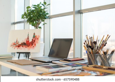 Painter Workplace Order Side View Designer Foto stock 454363177