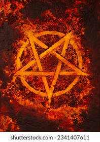 Painting about a pentagram of fire on volcanic lava