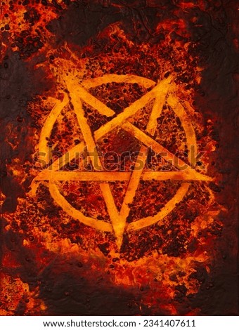 Painting about a pentagram of fire on volcanic lava