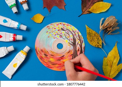 Painting With Acrylics Paints On CD. Seasons. Autumn Landscape. Creative Art Project 