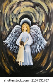 Painting of an angel hugging and protecting a little girl, symbolizing Ukrainian children in need of protection during the war