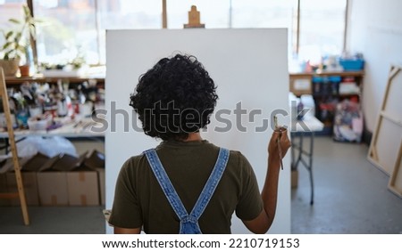 Painting artist, blank canvas and creative woman thinking of inspiration in studio workshop or art class. Creativity, drawing or sketch painter girl busy or ready to start on artwork project on easel