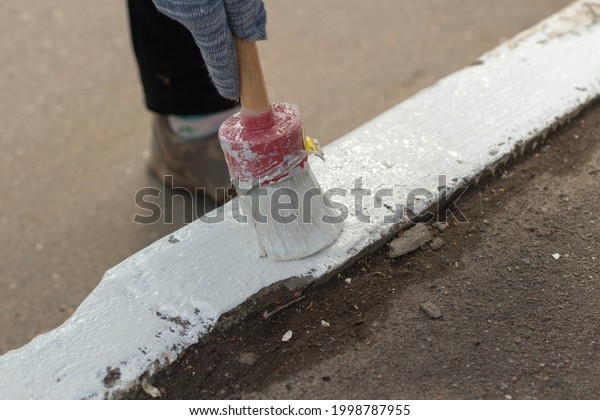 Painting borders with white paint. Applying oil\
paint to asphalt. Creation of markings for pedestrians. Paint\
brush. Work as a painter. Painting the surface with a thick layer\
of paint.