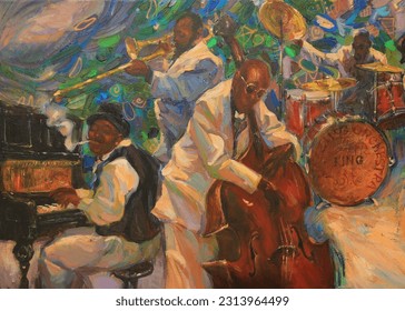 painting by the author "Jazz Club New Orleans." oil on canvas, classic old blues themes.