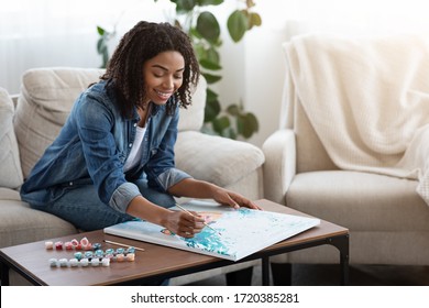 Painting By Numbers. Happy African American Woman Drawing Canvas Picture At Home, Having Art Therapy, Enjoying Spending Time On Quarantine, Copy Space