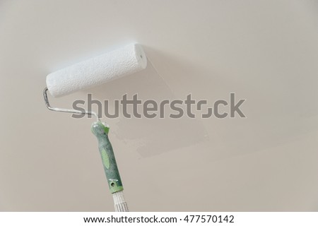 Painting Ceiling Walls Roller Touching Surface Stock Photo