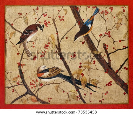 Painting. Colorful birds on branches with red berries