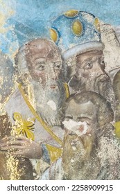 painting, frescoes, abandoned Orthodox church, Bogoroditskaya Church on the Medose River, in Kostroma region, Russia, built in 1812 - Shutterstock ID 2258909915