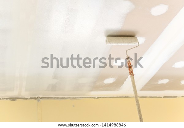 Painting Gypsum Plaster Ceiling Paint Roller Stock Photo