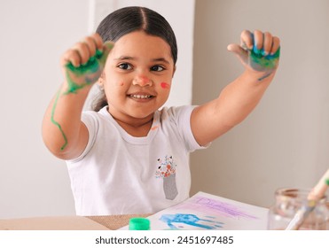 Painting, hands or happy girl child in classroom for art, learning or creative expression at kindergarten. Education, palm or kid with color, splash or handprint for mothers day, craft or canvas gift - Powered by Shutterstock