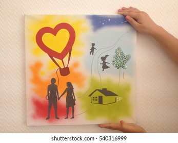 Painting happy family  Picture for lovers gift  Fly in balloon  Air red heart  enjoy life  handmade  airbrush 